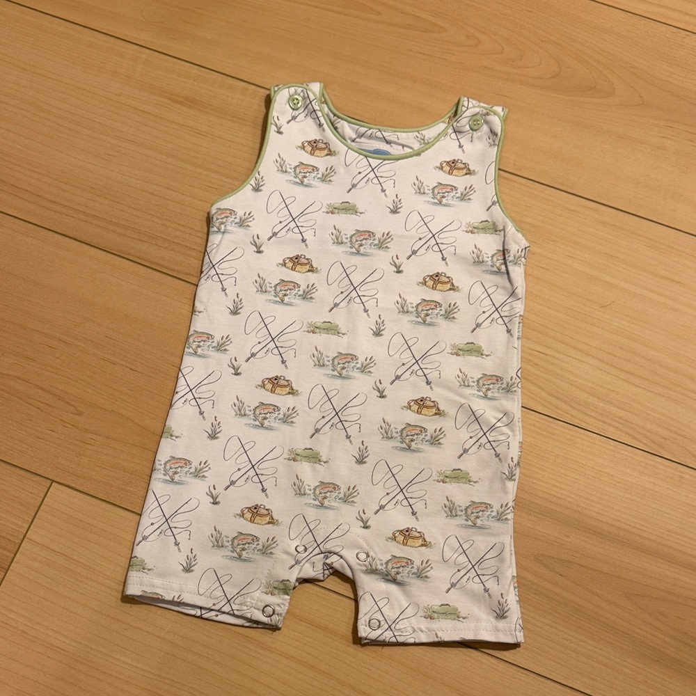 Trotter Street Kids White Baby Romper with fishing theme Print